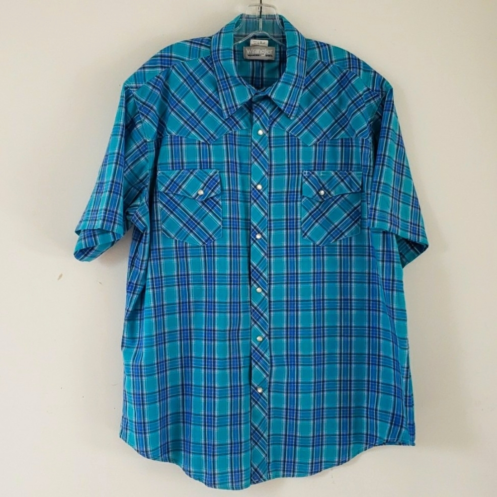 Wrangler Wrancher Blue/Green Plaid Pearl Snap Short Sleeve Western Shirt Mens XL